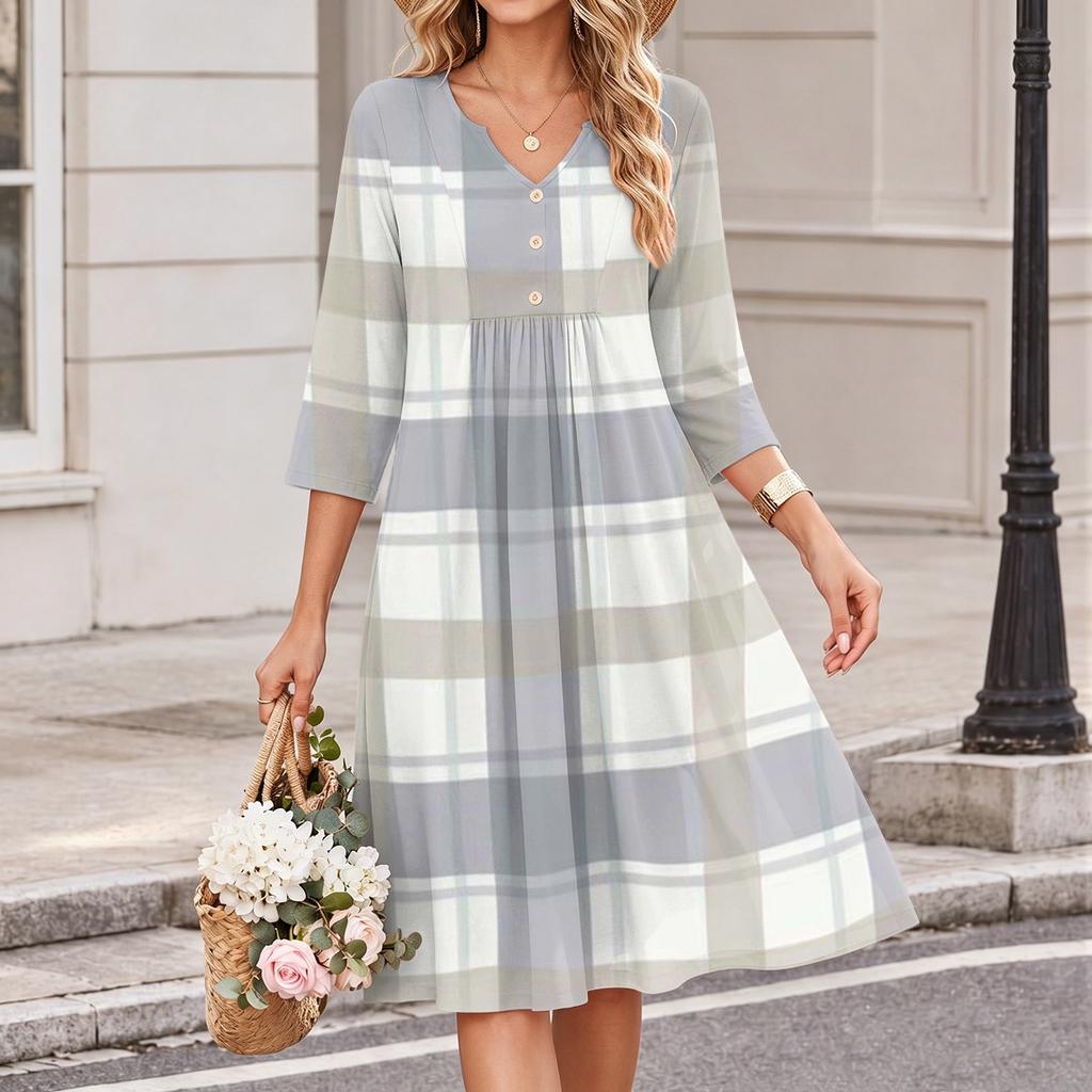 Lässiges Damen-Karo-Kleid mit V-Ausschnitt und Dreiviertelärm