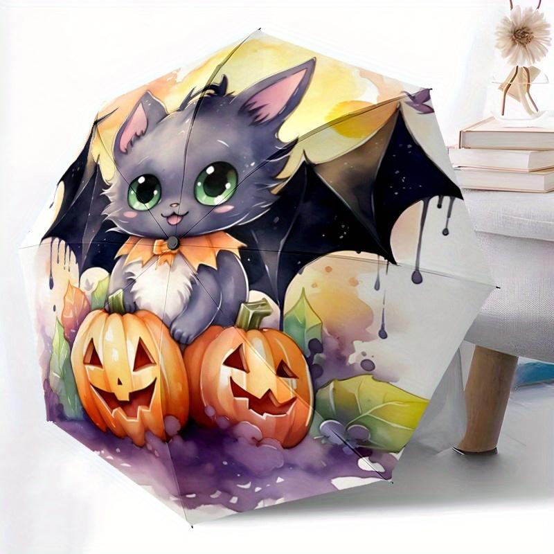 1pc Lovely Halloween Bat Pattern Beautiful Looking Automatic Folding Umbrella, 3 Folding, 8 Pole Frame Design, Durable and Suitable for Travel an