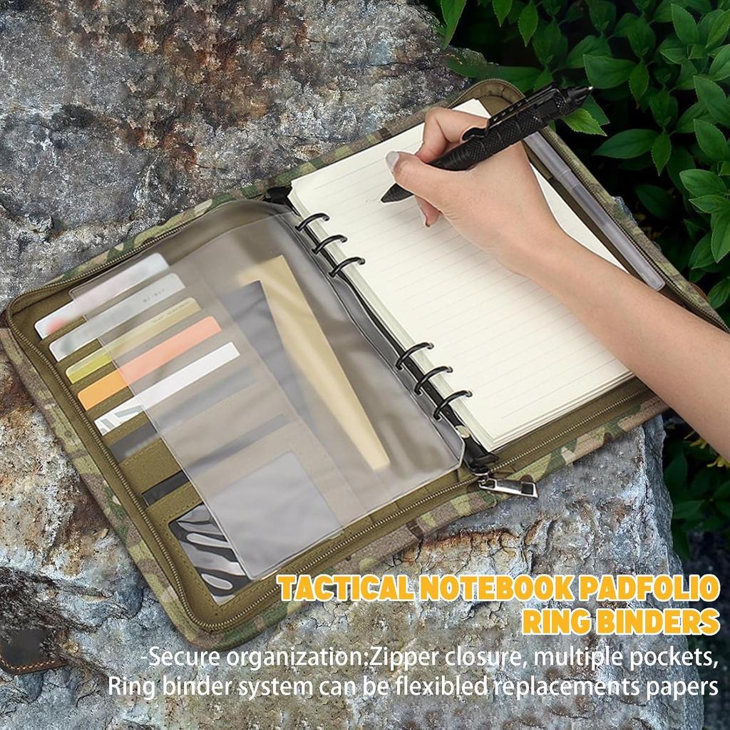 Military Padfolio Ring Binder with 45 Sheets, Weatherproof Tactical Notebook Cover with Zippered for Folders, Cards, Army Military Notebook, Detachabl