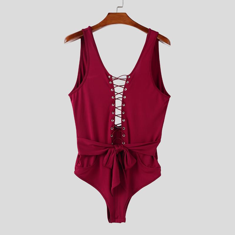 

INCERUN Мужские комбинезоны боди без рукавов с вырезами, на шнуровке S