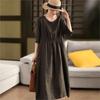 Johnature Women Vintage Solid Color Dress O-Neck Half Sleeve Summer Loose Female Fold High Waist Dress