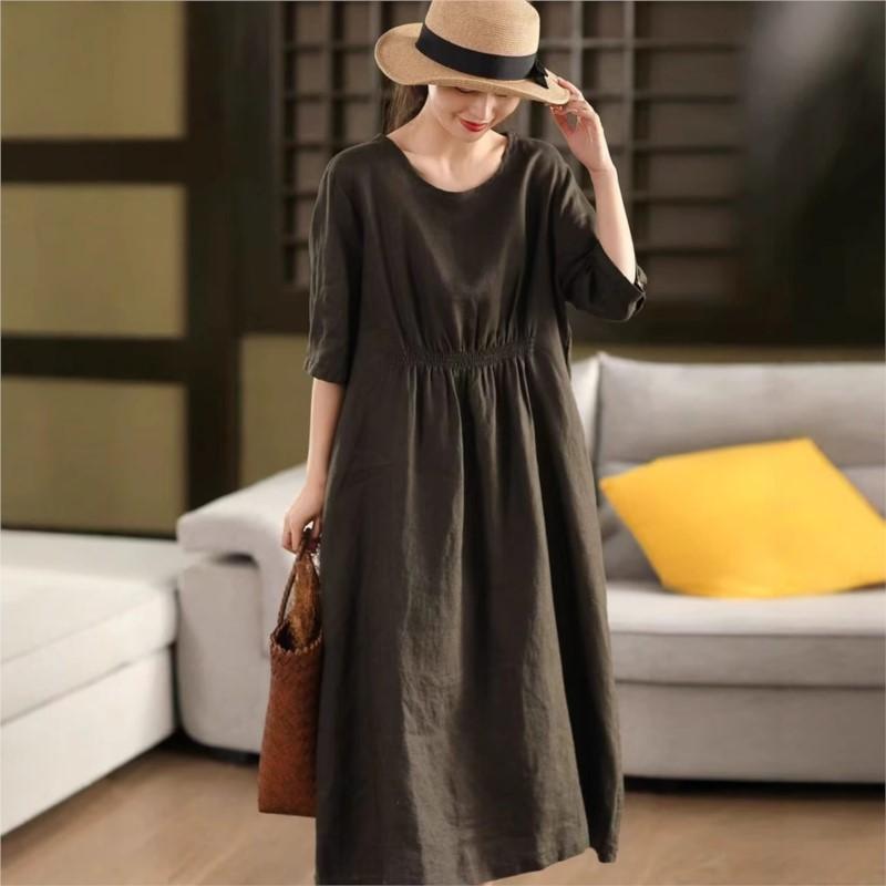 Johnature Women Vintage Solid Color Dress O-Neck Half Sleeve Summer Loose Female Fold High Waist Dress