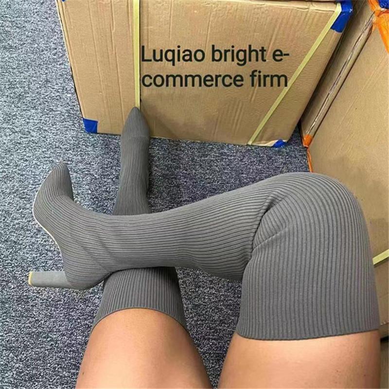 New Pointed Thick Heel Knee Elastic Boots European and American Autumn and Winter Large Size High Heel Boots