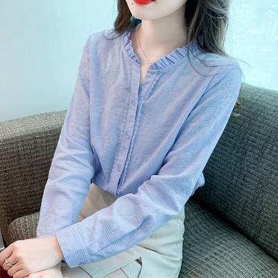 Fashionable Spring Autumn Stand Collar Long Sleeve Shirt Versatile Women Cotton Top Solid Color Splicing Elegant Bottoming Shirt