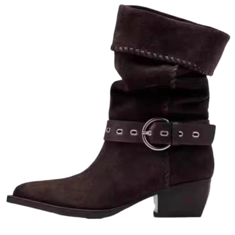 Móda Nový Styl Vintage Dámské Podzimní Vintage Špičatá Špička Semišové Cvočkované Kovová Spona Blokový Podpatek Westernové Kovbojské Boty Zapatos Mujer