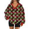 Women's Fashionable V-neck Christmas Printed Long Sleeved Casual Pullover Plush Warm Pocket Sweatshirt Top
