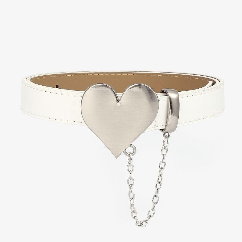 

Модный женский летний пояс с изысканным металлическим сердечком-пряжкой и цепочкой белый