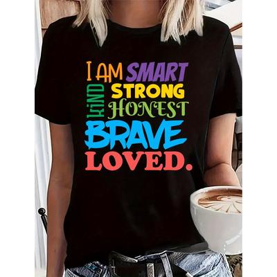 Women Plus Size Empowering Letter Graphic Crew Neck Short Sleeve Casual Tee