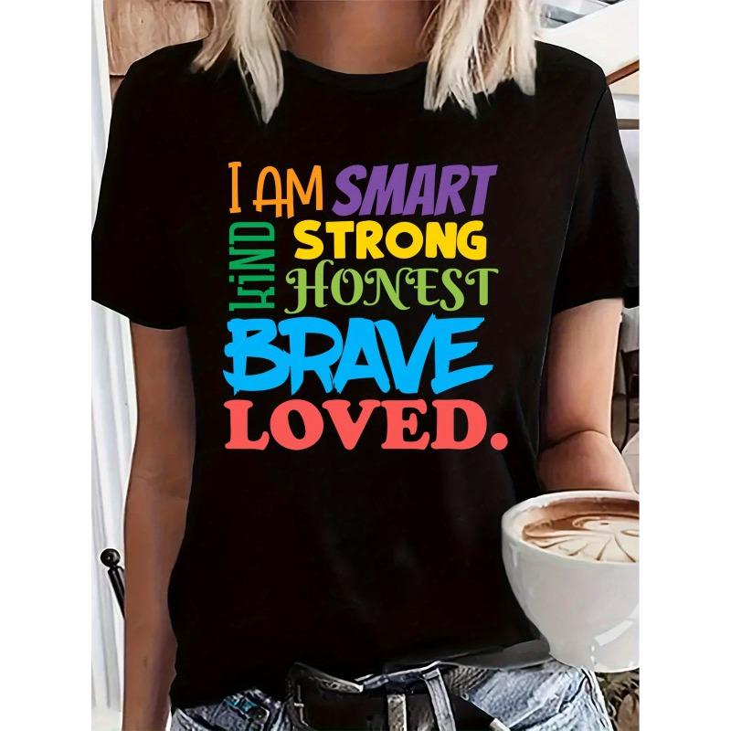 Women Plus Size Empowering Letter Graphic Crew Neck Short Sleeve Casual Tee S чёрный