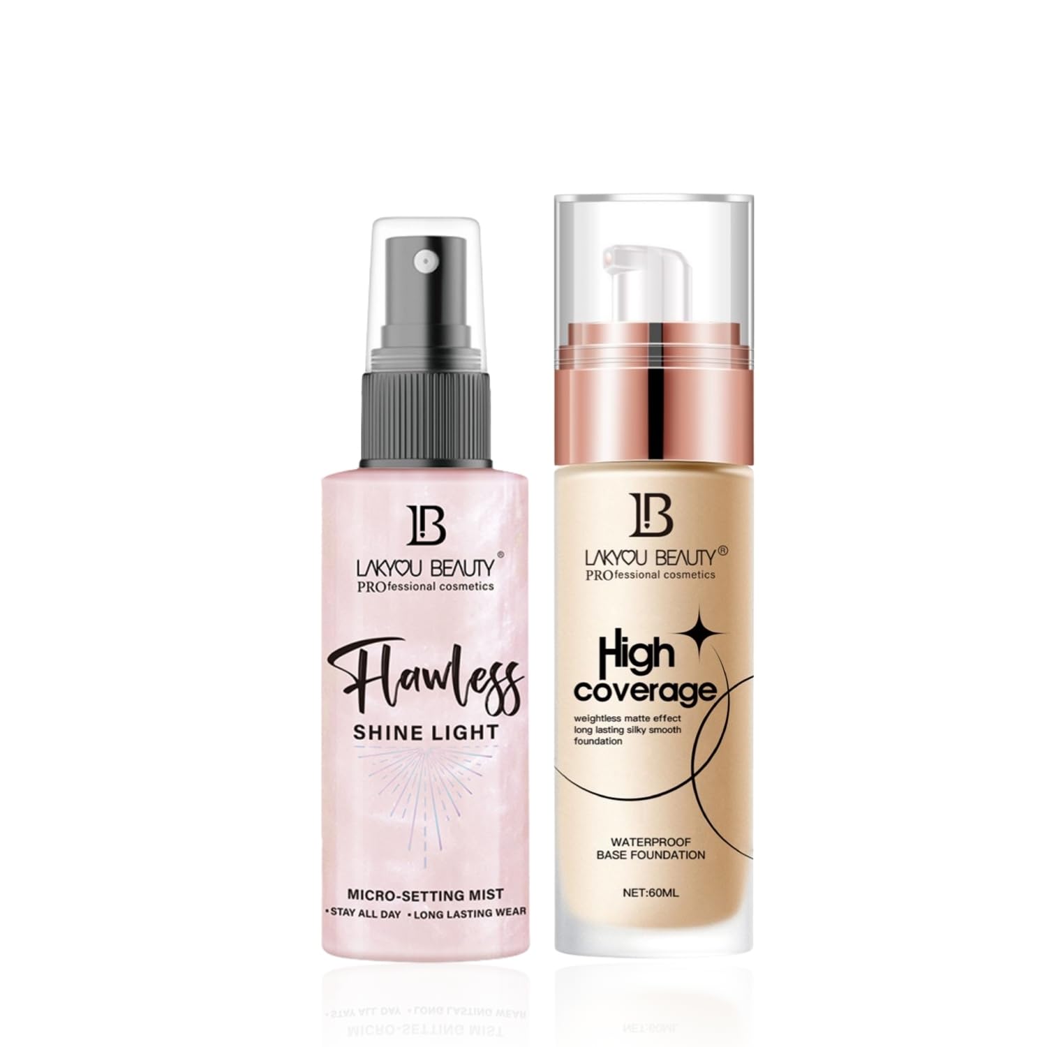 Lakyou Beauty Водостойкая тональная основа с высокой степенью покрытия + Невероятно сияющий легкий фиксирующий спрей | Набор для стойкого макияжа: база и фиксатор