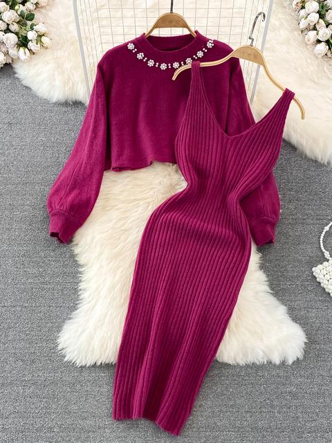 Women's Temperament Round Neck Nail Beads High Waist Short Sweater Two Piece Knitted Vest Dress Autumn Winter 2026 SM7815