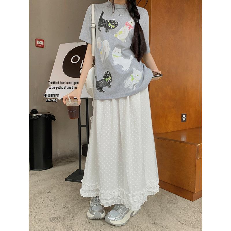 Plus Size Women's Korean Style Two-Piece: Printed Short Sleeve T-shirt & High Waist A-line Skirt