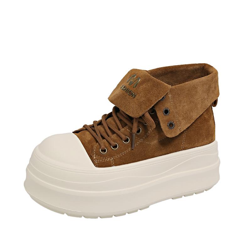 Retro soft leather lapel lace-up platform high-top shoes women's Martin boots 2025 new small height-increasing casual shoes