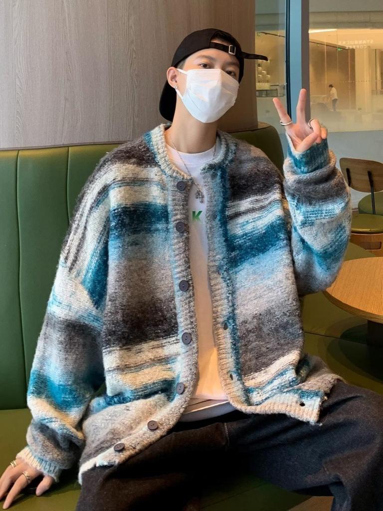 Men's Trendy Color Block Knit Sweater - Autumn/Winter Warm Round Neck Cardigan