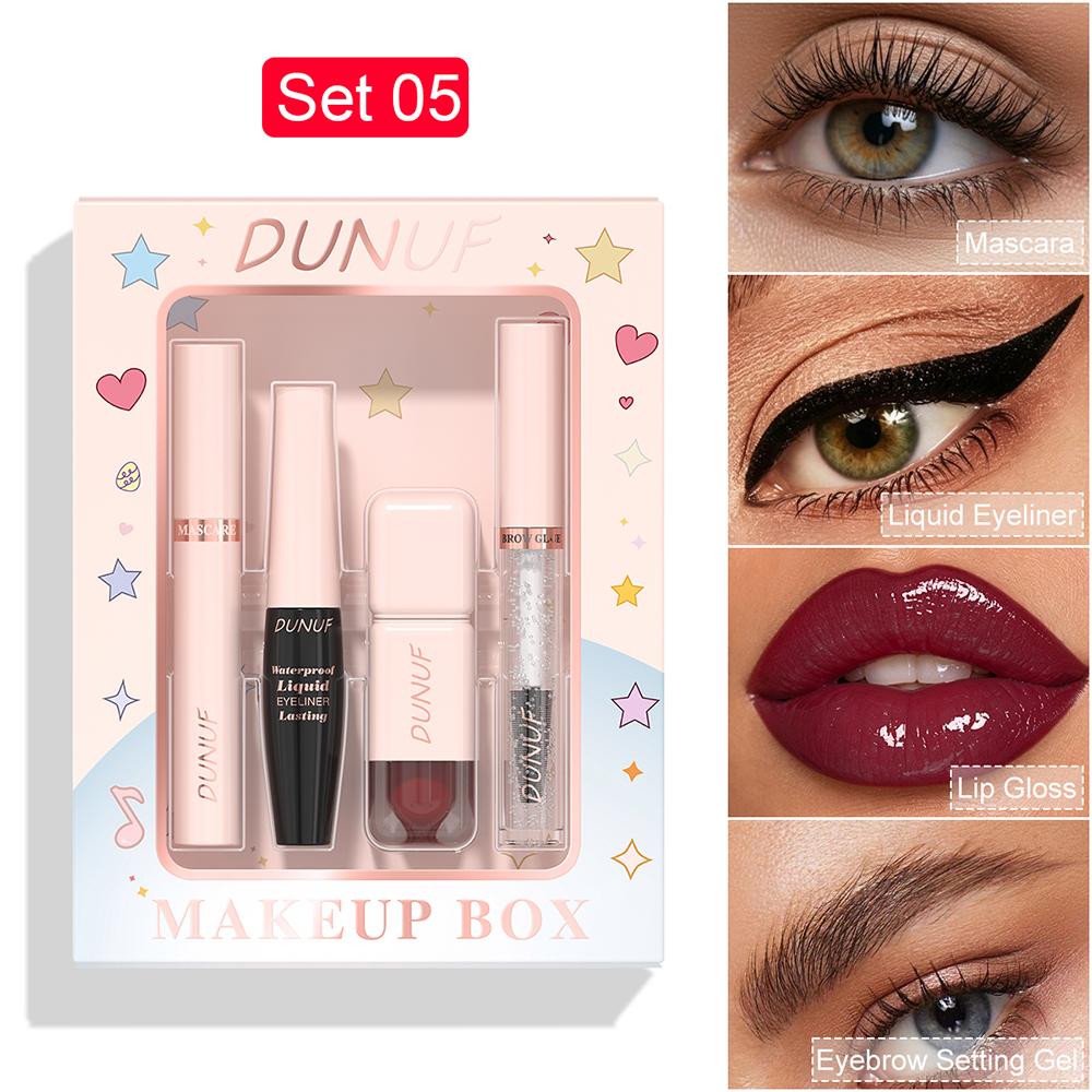 DUNUF 4-in-1 Professional Makeup Box - Mascara, Waterproof Eyeliner, Lip Gloss & Brow Gel, 12 Colors Available