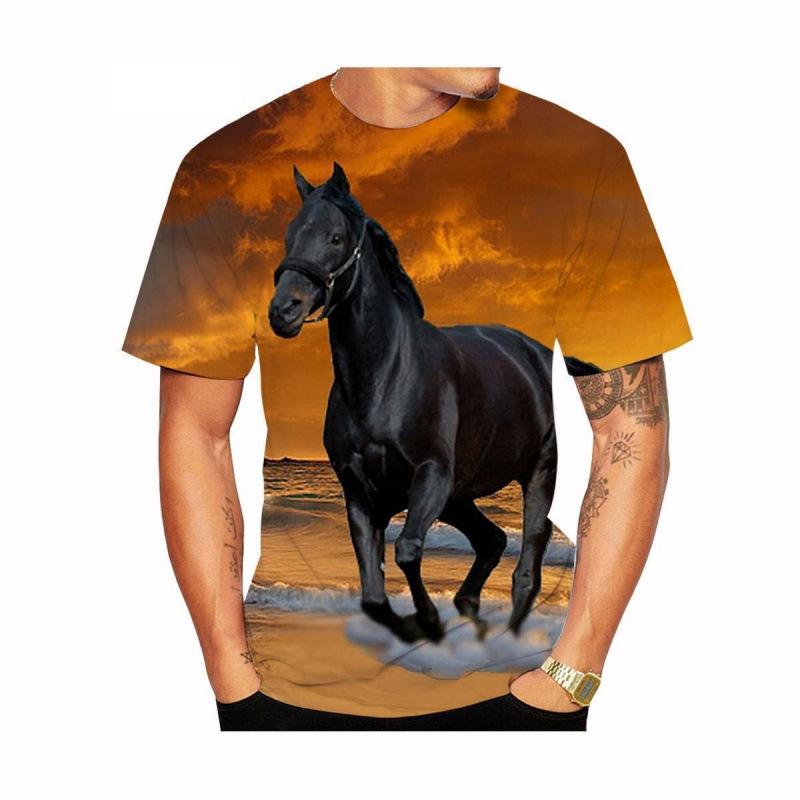 Summer Round Neck 3D Horse Pattern Print Top Fashionable Casual Short Sleeved Men's T-shirts