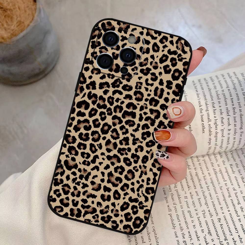 Leopard Print Phone Case For iPhone 17,16,15,14,13,12,11 Plus,Pro Max,XS,Soft Silicone Black Cover