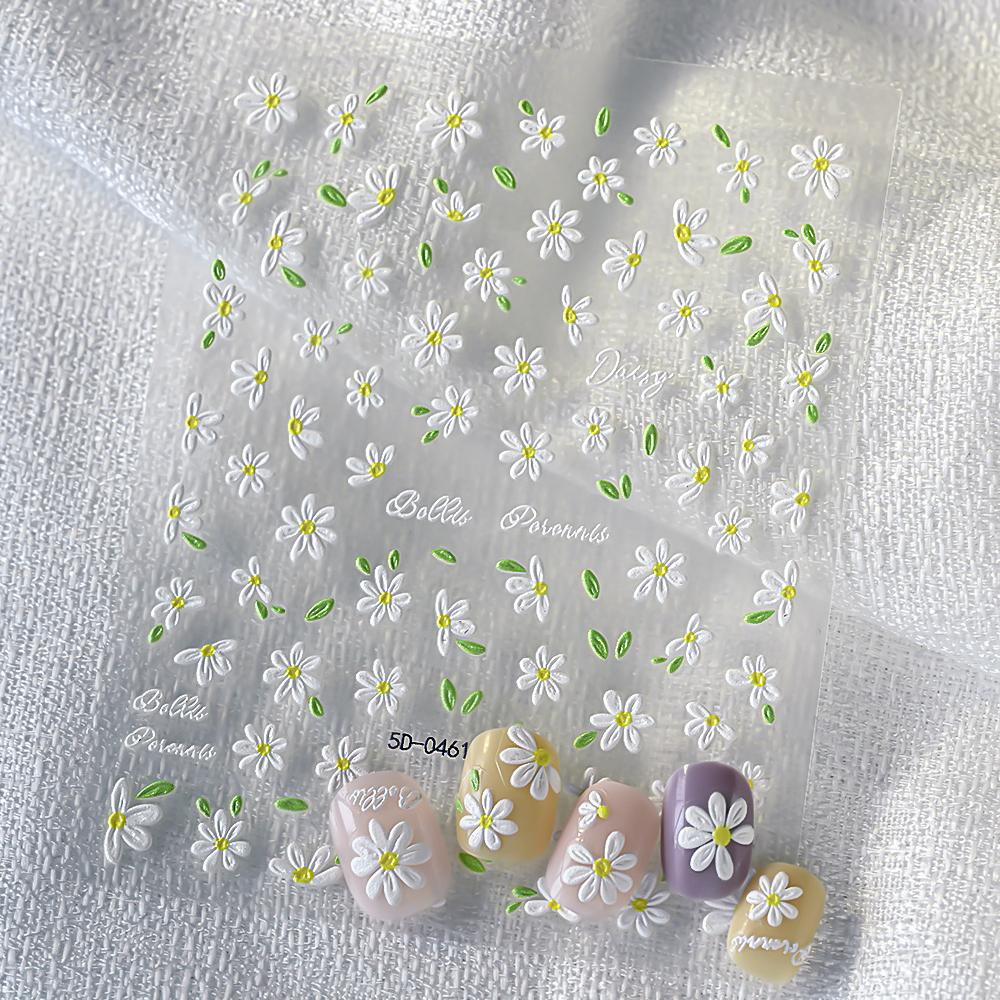 5D Hibiscus Flower Nail Embossed Sticker Lace Flower White Pink Petal Floral Self Adhesive Nail Art Slider DIY Elegant Romantic