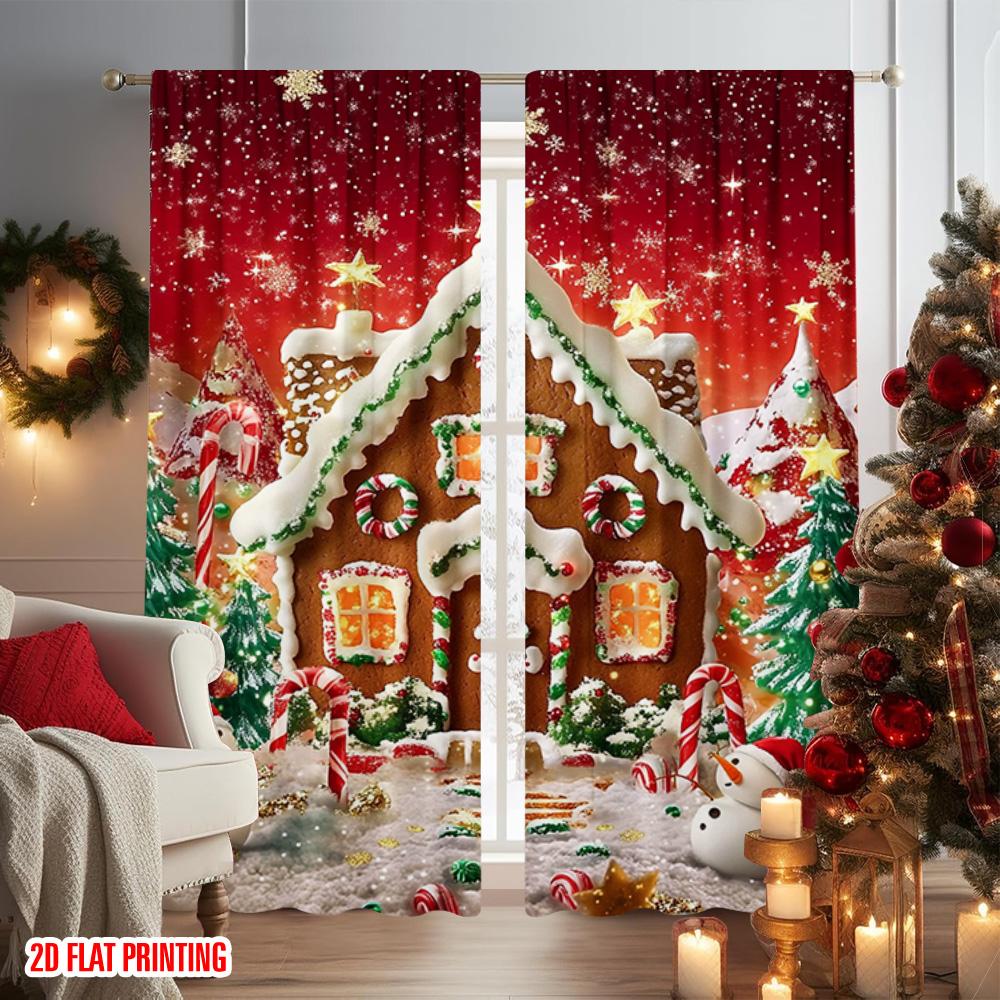 2pcs 2D Flat Printing Christmas Curtains Merry Christmas Gingerbread House with Santa Tree Lollipop Party Versatile Fabric