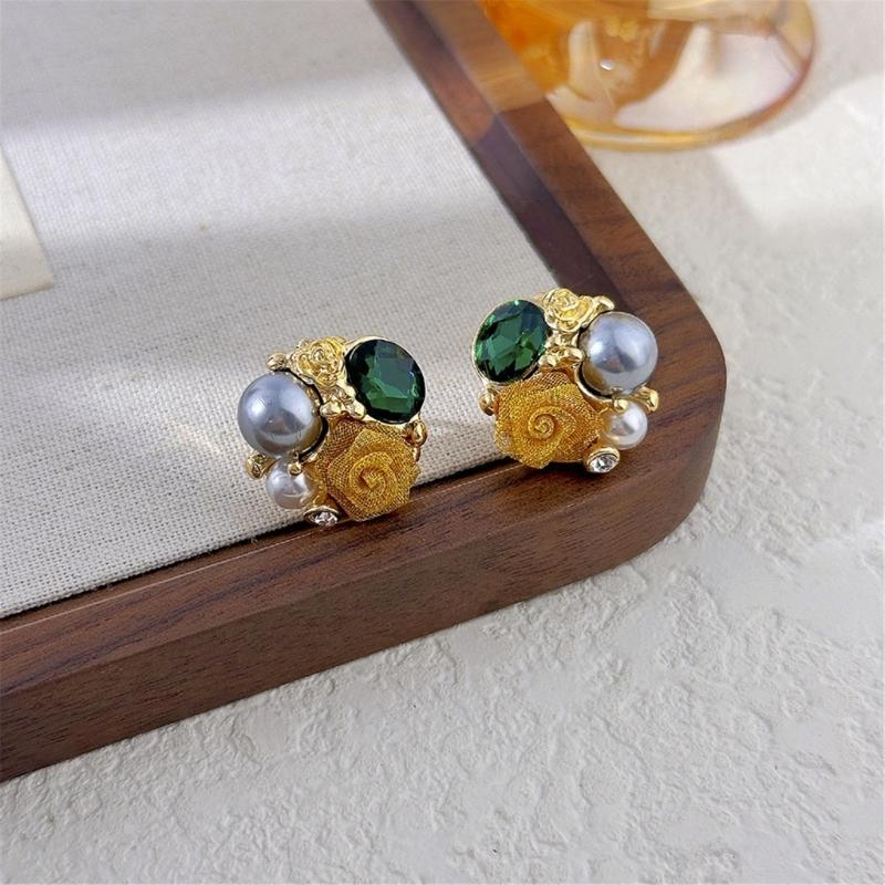 Romance Crystal Earrings Featuring Rose and Pearls Fashion Ear Accessories Delicate Earrings for Everyday Elegances