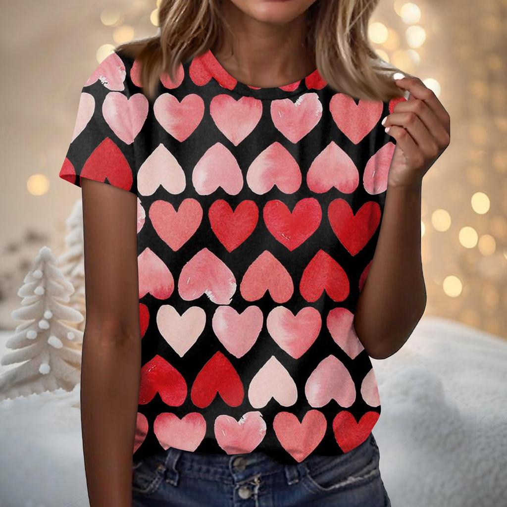Women's Fashion Casual Short Sleeve Valentine's Day Printed Round Neck T-Shirt Top