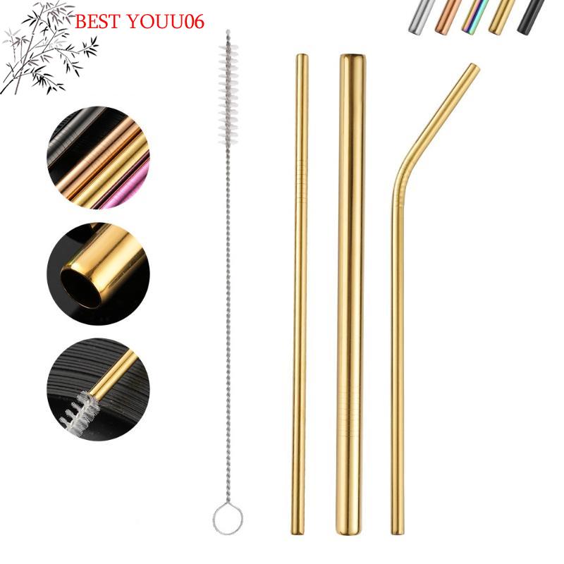 (YOUU06)4PCS Stainless Steel Straw Reusable Metal Drinking Straw With Cleaner Brush For Home Party Barware Bar Accessories