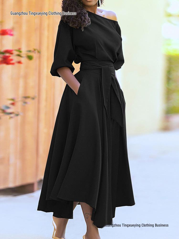 Spring Women's Elegant One-Shoulder Dress with Cinched Waist