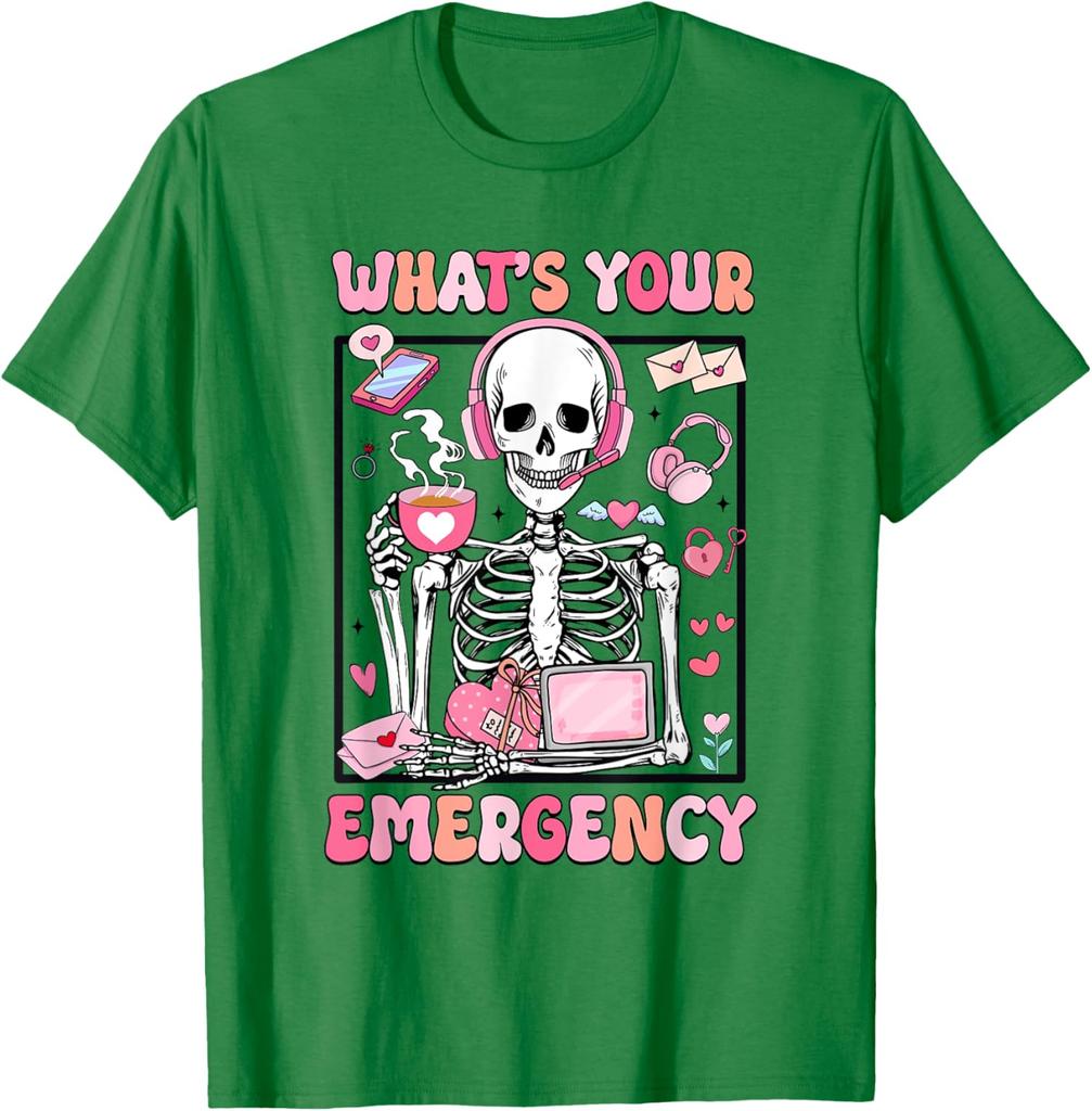 Skeleton Dispatcher Valentines Day Whats Your Emergency Graphic T-Shirt Men Casual Daily Cotton Tee