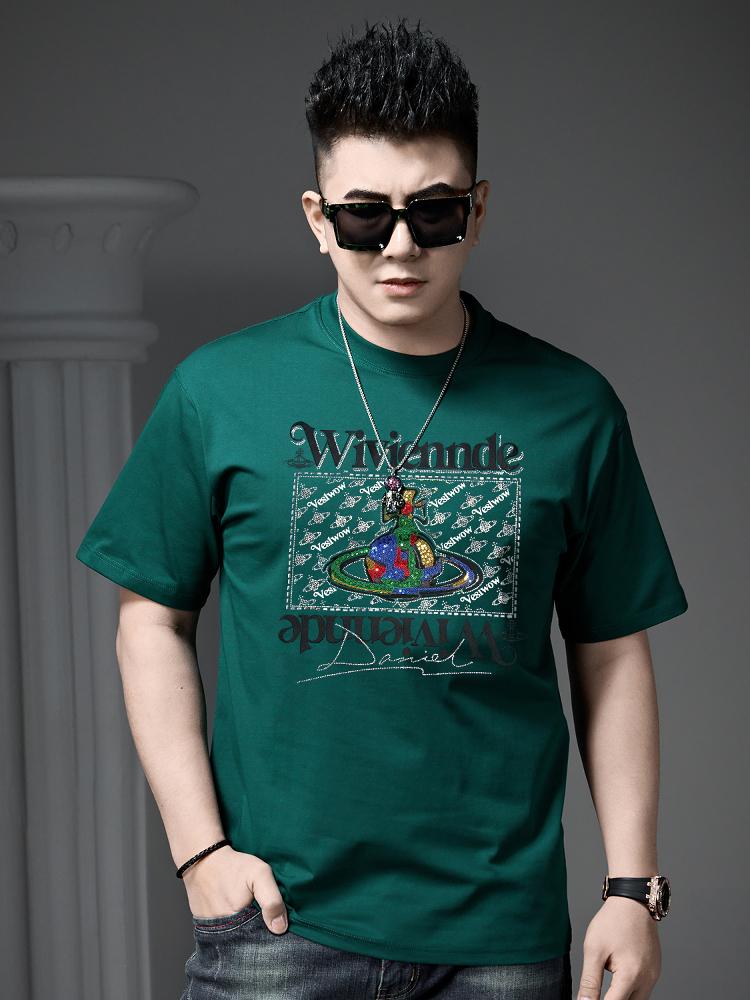 European Style 2025 Summer New Fashion Brand Letter Print Rhinestone Short-Sleeve T-Shirt Men's Loose Casual Half-Sleeve Tee