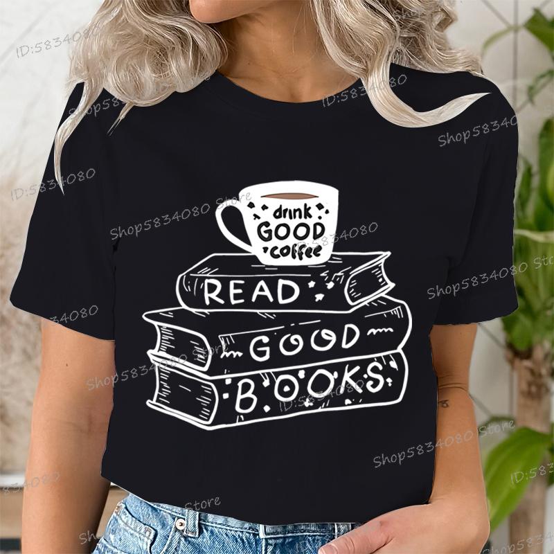Casual Vintage Book Coffee T Shirt Women Trendy Bookish Short Sleeve Tshirt Book Lover Party Gift Coffee Lover Summer Clothes