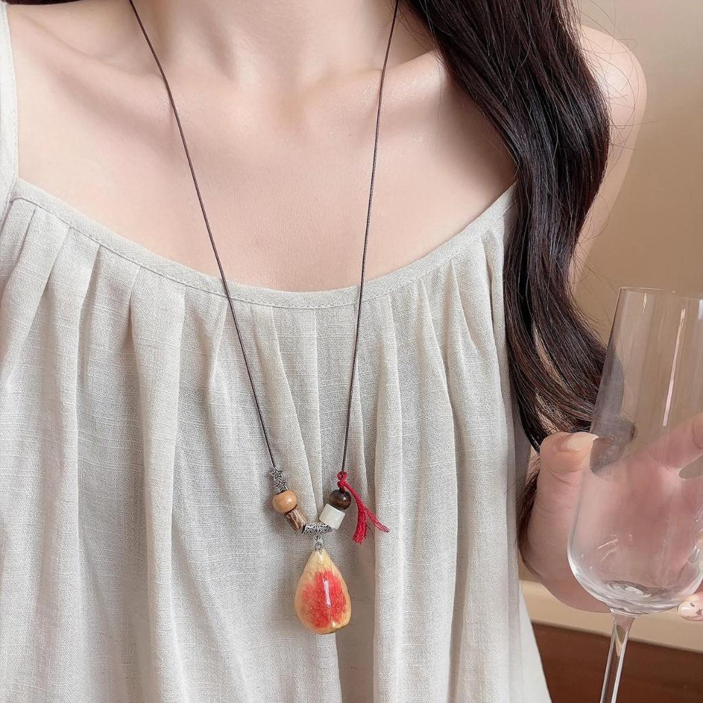 Spring & Summer Dopamine Fruit Slice Resin Drop Necklace – Women's Vacation Style Sweater Chain
