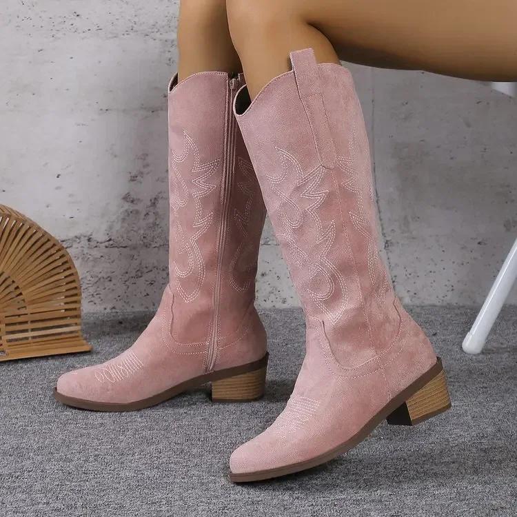 Fashion Women Embroidery Knight Boots Women Retro Square Toe PU Leather Knee High Boots Female Autumn Winter Western Cowboy Botas Mujer