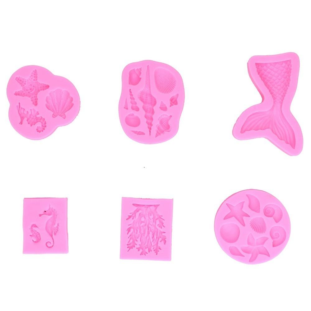 6pcs Silicone Silicone Molds Conch Seagrass Seahorse Fishtail Starfish Seashell Fondant Molds Marine Shell Shape Ocean Series
