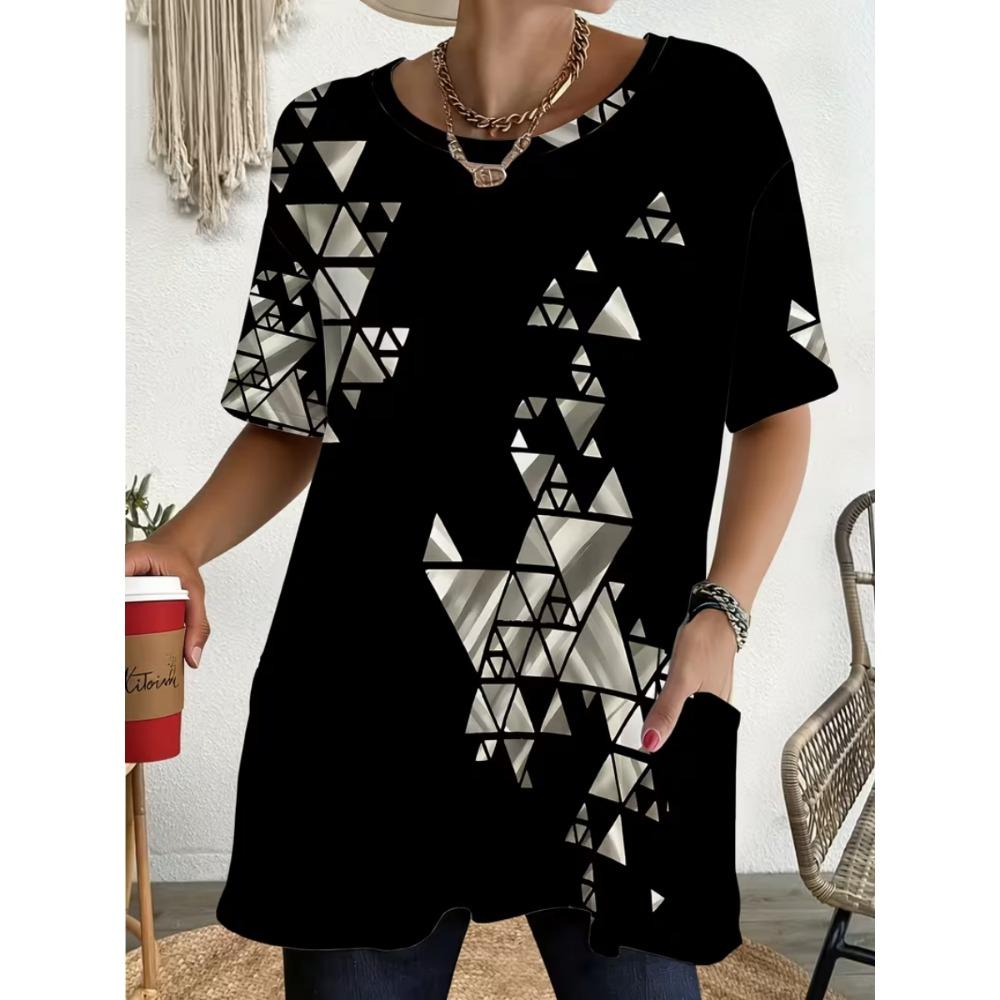 Women's Summer Short Sleeved T-shirt, 3D Printed Pocket T-shirt, Casual Plus Size T-shirt