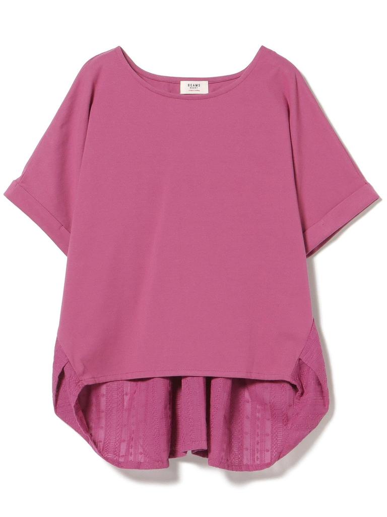Beams Heart Back Mixed Material Crew Neck One Size S/S Tee, Tuck, Pullover, Women's, Berry,