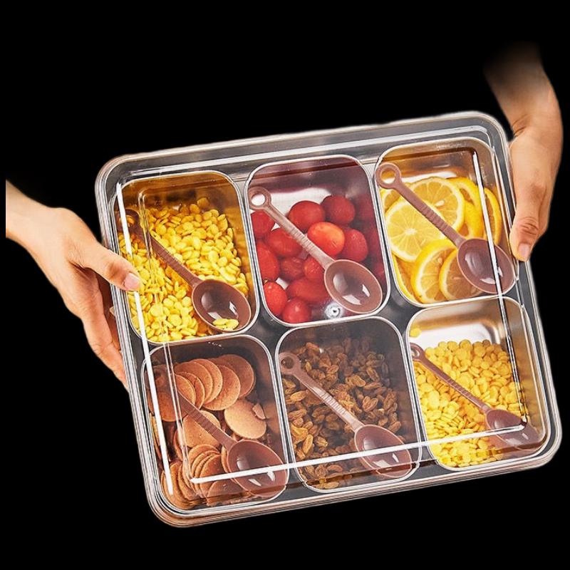 6-Compartment Condiment Box with Stainless Steel Spoon and Lid