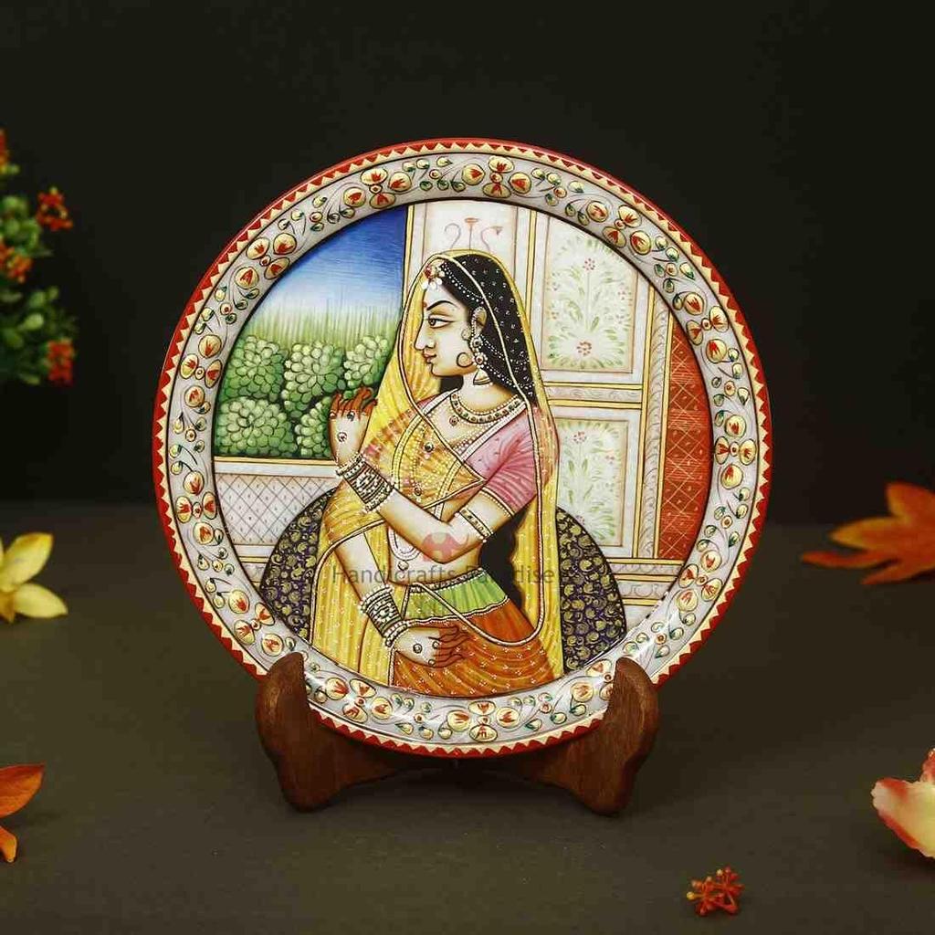 Paradise Lady Figure Painted Round Shape Marble Showpiece Plate with Stand (22.95 cm x 1.3 cm x 22.95 cm)