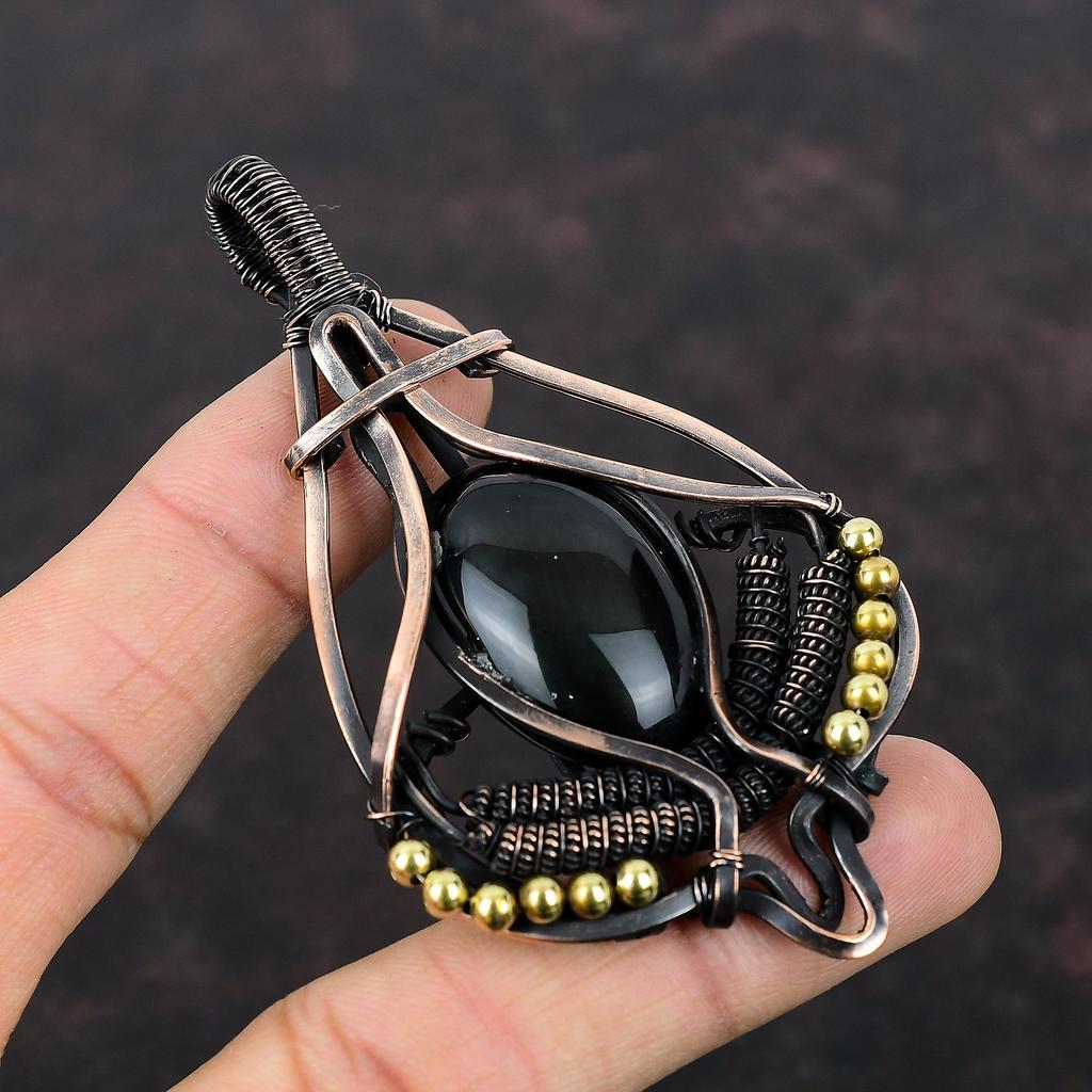 Black Obsidian Pendant Copper Wire Wrapped Gemstone Pendant Handmade Pendant Copper Jewelry Unique Style Pendant Wire Wrap Jewelry For Gift