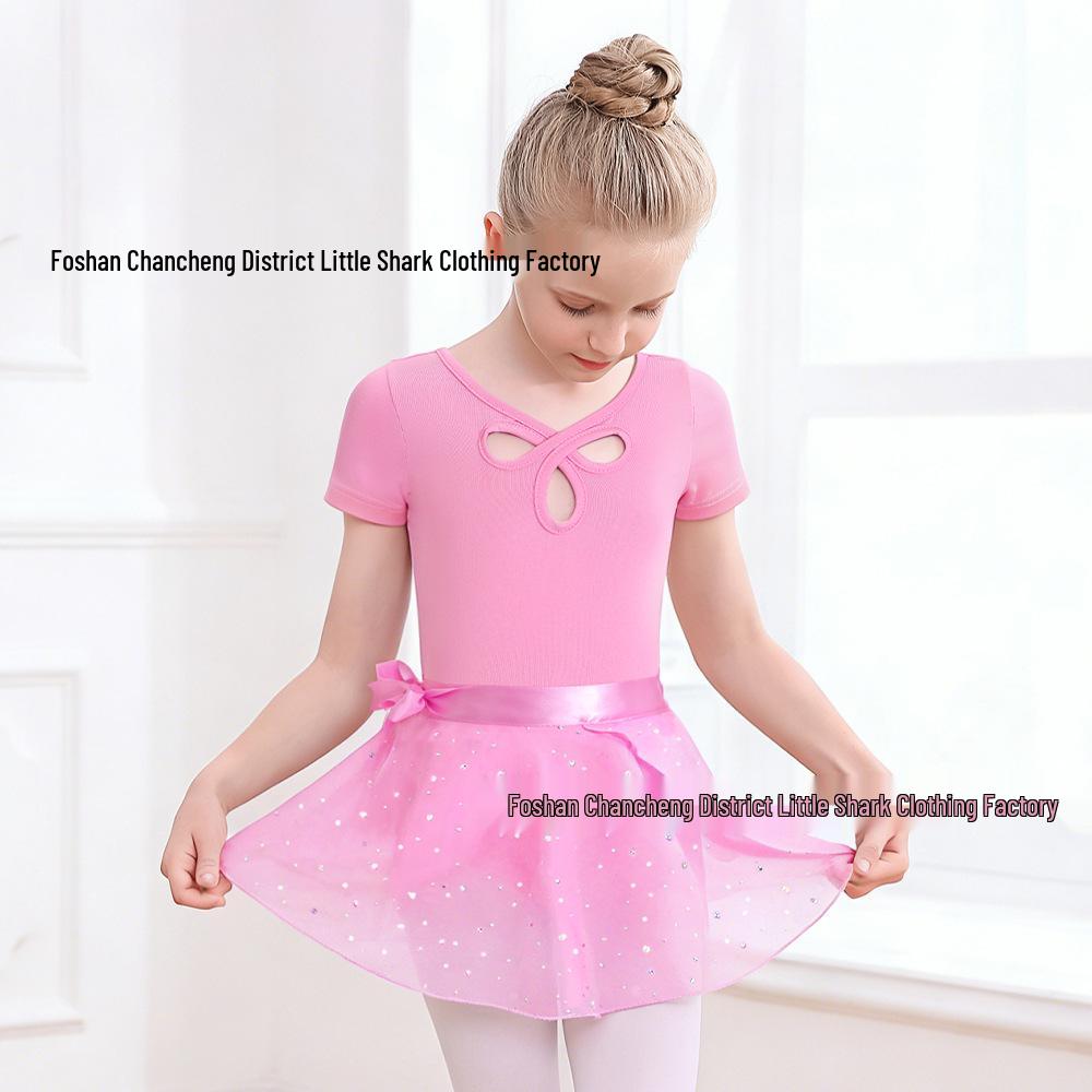 Girls' Short Sleeve Bow Jumpsuit with Sequin Half Skirt - Two-Piece Dance Outfit