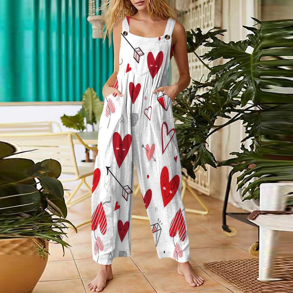 Womens Casual Overalls Jumpsuits Adjustable Straps Sleeveless Valentine's Day Print Comfy Rompers With Pocket