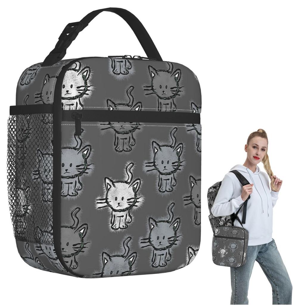 Cartoon Graues Kätzchen Muster Isolierte Lunchtasche für Damen Kinder Auslaufsichere Lebensmittelboxen Thermische Lunchbox Tragetasche