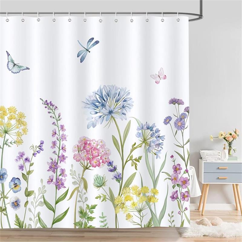 Blumen Duschvorhänge Aquarell Blumen Eukalyptusblätter Schmetterling Libelle Pflanze Polyester Stoff Badezimmer Vorhang Dekor