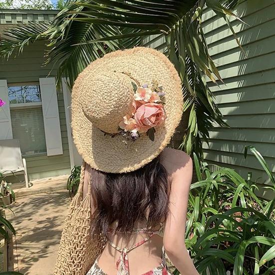 Women Straw Hat Imitation Flower Decor Wide Brim Sun Protection Hat Lightweight Quick-Drying Summer Sun Hat