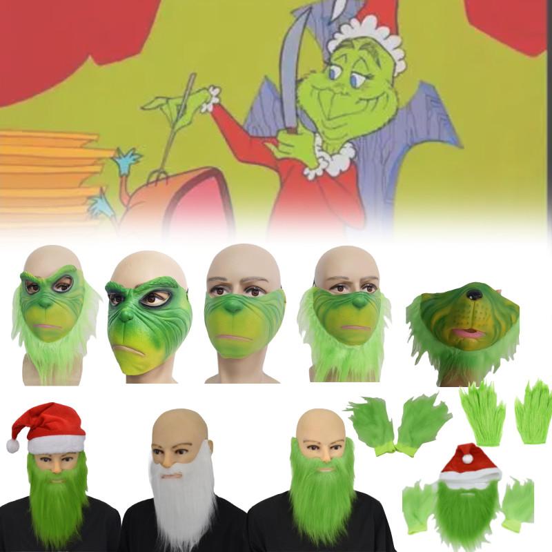 Grinch Half Face Mask With Green Hair And Whimsical Design For Christmas Celebrations