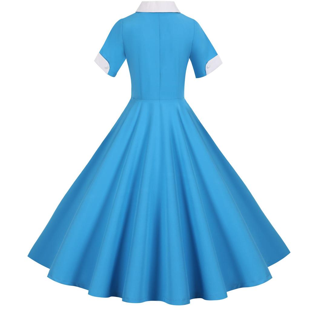 Europäisches & Amerikanisches Sommerkleid mit kurzen Ärmeln, Kragen, einfarbig, lässig, mit weitem Saum