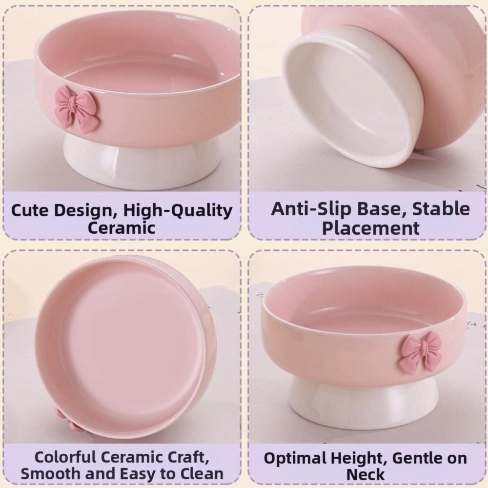 Large Capacity Ceramic Cat Bowl Non-Slip Base Macaron Colors Elevated Pet Bowl with Bow Pet Feeding Bowl Pet Feeding Drinking