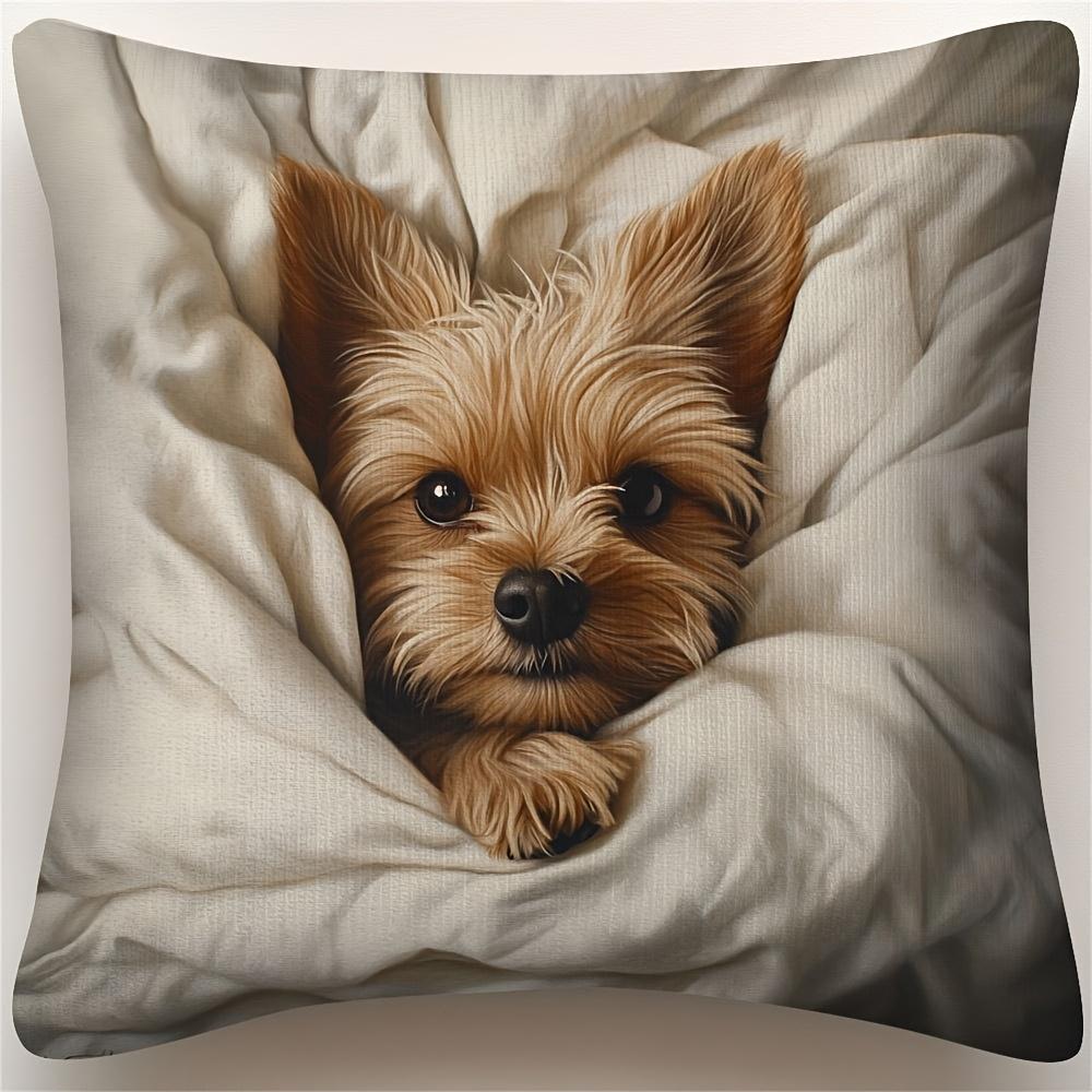 1pc Comfortable Yorkshire Terrier Puppy Plush Pillowcase - Single-Sided Print, Soft and Warm Polyester Fiber, Zipper Closure - Suitable for Sofa or Be