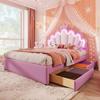 Upholstered Bed, 140 X 200 Cm, Without Mattress, Remote-controlled Ambient Light, with 2 Drawers, Princess Bed, Adjustable Headboard, PU, Pink