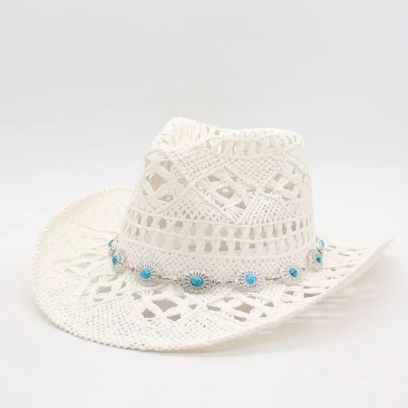 1Pc Summer Bohemian Shell Straw Hat Beach Women Men Cowboy Hats Wooden Beads Hollow Out Western Wide Brim Sun Hat Holiday Cap