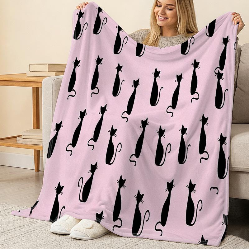 Lightweight Flannel Blanket, Cute Cat Pattern, Soft Skin-Friendly Warm Throw - Portable for Home & Car, Ideal for Halloween, Christmas